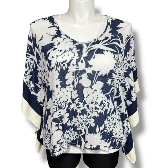 Coldwater Creek Womens Kimono Blouse Shirt Top Linen Floral Pullover Blue White - Picture 2 of 9